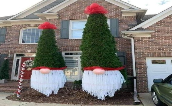 Une façade de Maison et devant 2 cyprès décorés en père noël